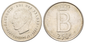 Бельгия 250 франков 1976 25 лет правления Бодуэна I, des Belges KM 157.1 серебро 413-843