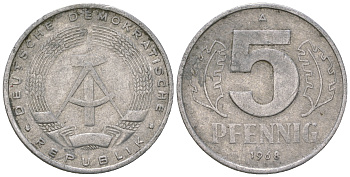 ГДР 5 пфеннигов 1968 A KM 9.1 алюминий 4625-622