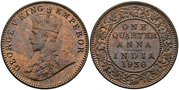 Британская Индия 1/4 анна 1936 Георг V (1910-1936) KM 512 бронза UNC 94-225
