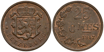 Люксембург 25 сантимов 1947 Шарлотта (1918-1964) KM 45 бронза 4532-933