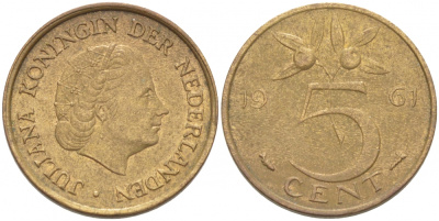 НИДЕРЛАНДЫ 5 ЦЕНТОВ 1961 ЮЛИАНА KM 181 бронза 214-815