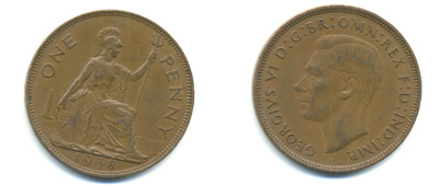 Великобритания 1 пенни 1938 Георг VI (1936-1952) KM 845, Spink 4114 бронза 89-131