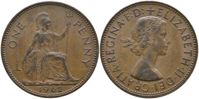Великобритания 1 пенни 1962 Елизавета II (1952-2022) КМ 897, Spink 4157 бронза 115-441