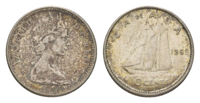 Канада 10 центов 1965 Елизавета II (1952-2022), парусник KM 61 серебро 4623-945