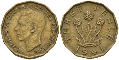 Великобритания 3 пенса 1941 Георг VI (1936-1952) KM 849, Spink 4112 никель латунь 4146-324
