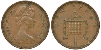 Великобритания 1 пенни 1971 Елизавета II (1952-2022) KM 915, Spink 4237 (B1) бронза 72-1162