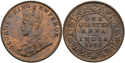Британская Индия 1/4 анна 1936 Георг V (1910-1936) KM 512 бронза UNC 94-225