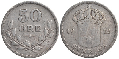 Швеция 50 эре 1912 W, Густав V (1907-1950) KM 788 серебро 4179-927