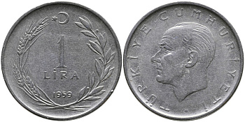 Турция 1 лира 1959 Мустафа Кемаль Ататюрк KM 889а.1 нержавеющая сталь 4541-226