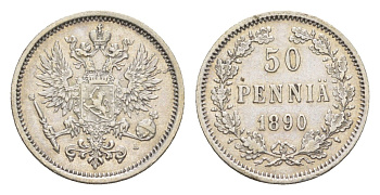 Россия для Финляндии 50 пенни 1890 L, Александр III (1881-1894) Биткин 234 серебро 4643-146