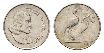 ЮАР 5 центов 1965 Ян ван Рибек (1619-1677), South Africa, легенда на англинском, райский журавль KM 67.1 медно-никель 4640-1013