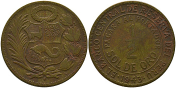 Перу 1/2 соль 1943 S KM 220.3, Schon 23 латунь 4539-335