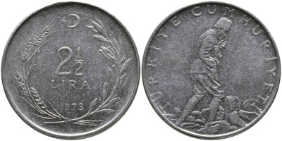 ТУРЦИЯ 2 1/2 ЛИРЫ 1973 KM 893.2 нержавеющая сталь 29-634