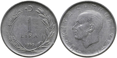 Турция 1 лира 1959 Мустафа Кемаль Ататюрк KM 889а.1 нержавеющая сталь 4541-226