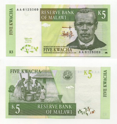Малави 5 квача 1997 Джон Чилембве, озеро Малави Pick 36 a бумага UNC (пресс) 6283-28-3