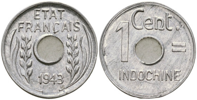 Французский Индокитай 1 сантим 1943 KM 26 алюминий 4147-164