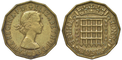 Великобритания 3 пенса 1954 Елизавета II (1952-2022) KM 900, Spink 4153 никель латунь 4122-925