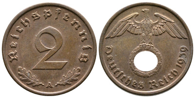 Германия 2 рейхспфеннига 1939 A KM 90, J. 362 бронза 220-561