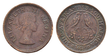 ЮАР 1/4 пенни (фартинг) 1953 Елизавета II (1952-2022) KM 44 бронза 187-424