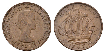 Великобритания 1/2 пенни 1967 Елизавета II (1952-2022) KM 896, Spink 4158 бронза 4675-435