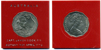 Австралия 50 центов 1970 200 лет путешествию Джеймса Кука, в оригинальной пластиковой коробке KM 69 медно-никель UNC 1-5-2-53