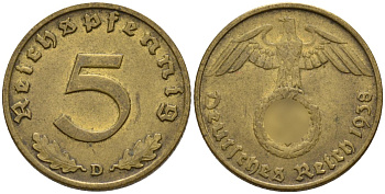 Германия 5 рейхспфеннигов 1938 D KM 91, J. 363 алюминиевая бронза 4151-843