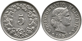 ШВЕЙЦАРИЯ 5 РАППЕНОВ 1957 KM 26 медно-никель 4528-642