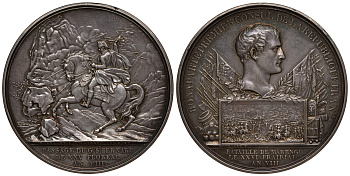 Франция медаль 1800 (AN 8) Наполеон Бонапарт - первый консул Французской Республики. Битва при перевале Сен-Бернар, битва при Маренго, великолепная красивая патина, вес 80,4 гр., диаметр 60 мм Bramsen 33, к Julius 784 (бронза) серебро UNC 10-004-23