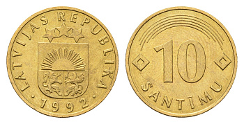 Латвия 10 сантимов 1992 KM 17 никель латунь UNC 4679-313