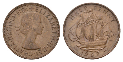 Великобритания 1/2 пенни 1967 Елизавета II (1952-2022) KM 896, Spink 4158 бронза 4675-435