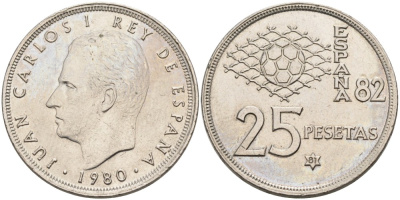 Испания 25 песет 1980 (81) чемпионат мира по футболу в Испании 1982 года, Хуан Карлос I KM 818 медно-никель 189-913