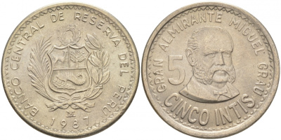 Перу 5 инти 1987 Мигель Грау KM 300 медно-никель UNC 181-935
