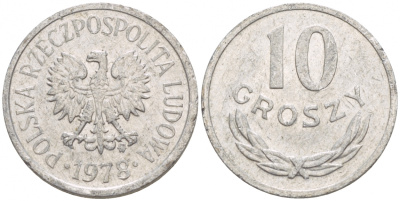 ПОЛЬША 10 ГРОШЕЙ 1978 MW KM АА47 алюминий 4549-763