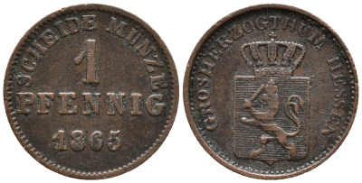 Гессен-Дармштадт 1 пфенниг 1865 Людвиг III (1848-1877) KM 337 медь 100-1248