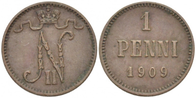 Россия для Финляндии 1 пенни 1909 Николай II (1894-1917) KM 13, Биткин 470 медь 4396-1312