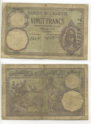 ТУНИС 20 ФРАНКОВ 1941 Pick 6b бумага 6294-81-1
