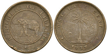 Либерия 1/2 цента 1937 KM 10 латунь 4174-339