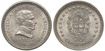 Уругвай 25 сентесимо 1960 KM 40 медно-никель 4169-925
