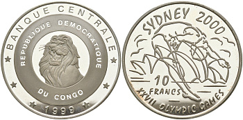 Конго 10 франков 1999 XXVII олимпийские игры в Сиднее, прыжки в воду KM 23 серебро PROOF 11-319-31
