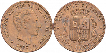 ИСПАНИЯ 5 СЕНТИМО 1877 OM, АЛЬФОНСО XII KM 674 бронза 4127-1122