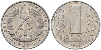 ГДР 1 пфенниг 1968 A KM 8.1 алюминий 100-619