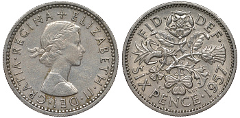 Великобритания 6 пенсов 1957 Елизавета II (1952-2022) KM 903, Spink 4149 медно-никель 4122-616