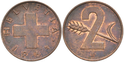 Швейцария 2 раппена 1963 В KM 47 бронза 4582-614