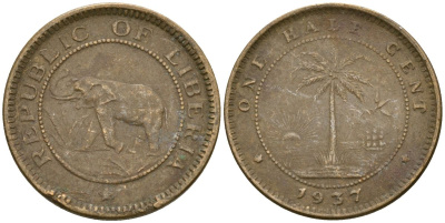 Либерия 1/2 цента 1937 KM 10 латунь 4174-339