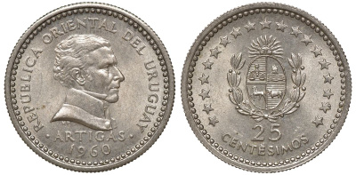 Уругвай 25 сентесимо 1960 KM 40 медно-никель 4169-925