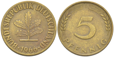ФРГ 5 ПФЕННИГОВ 1966 G KM 107, J. 382 сталь плакированная латунью 4181-913