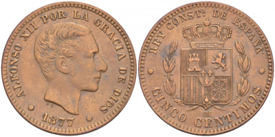 ИСПАНИЯ 5 СЕНТИМО 1877 OM, АЛЬФОНСО XII KM 674 бронза 4127-1122