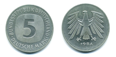 ФРГ 5 МАРОК 1984 J KM 140.1, J.415 медно-никель плакированный никелем плакированный никелем 37-1122