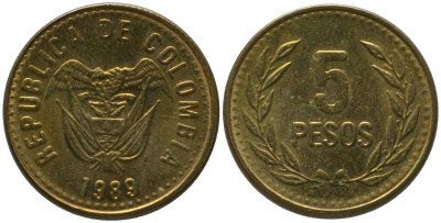 Колумбия 5 песо 1989 KM 280 алюминиевая бронза 4528-254