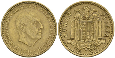 Испания 1 песета 1966 (74) Франсиско Франко (1939-1975) KM 796 алюминиевая бронза 4155-415